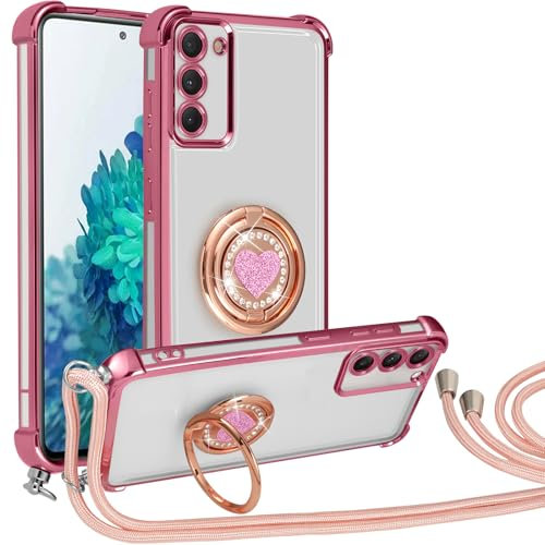 Knrlqim Coque avec Cordon pour Samsung Galaxy S20 FE 5G/S20 Lite 6.5,Mignonne Housse,Réglable Collier Lanière Téléphone Étui Lanyard Case Protection Compatible Cover avec Anneau Support Coeur,Rose
