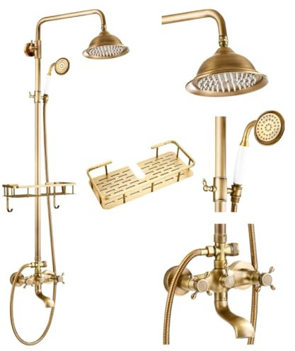 Wanym Colonne de Douche Rétro avec Mitigeur, Laiton Vintage Robinet de Douche Mural, Réglable Hauteur 70-120cm avec Douchette et Pommeau de Douche 8'' pour Salle de Bain,B