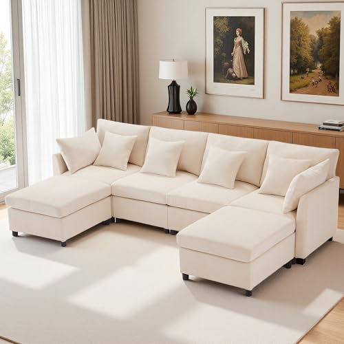 Seyakany Canapé d'angle Convertible,canapé Convertible 4 Places,en Tissu Chenille avec Repose-Pieds Amovible,canapé Quatre Places en L en U,adapté à la Maison,au Salon,à l'appartement