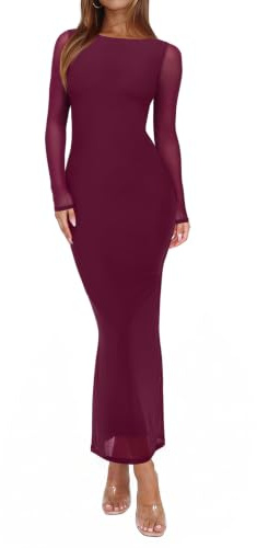 REORIA Women's Fall Mesh Sheer Long Sleeve Wedding Guest Dress Sexy Floral Bodycon Maxi Long Dresses