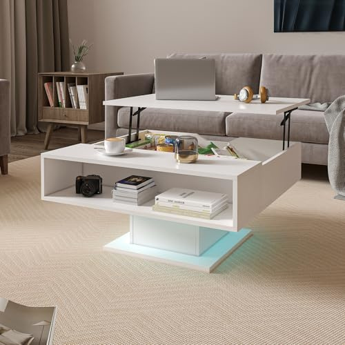 KEEPREAPER Couchtisch, höhenverstellbarer Wohnzimmertisch, mit LED | Kaffeetisch, mit Stauraum, matt, modern, für Wohnzimmer, 78x78x40cm