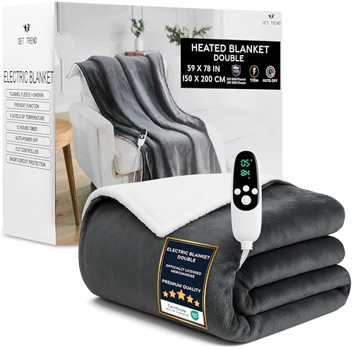 Get Trend Coperta Elettrica Matrimoniale 150x200 cm, Plaid Riscaldante in Pile Sherpa, 9 Livelli, Timer 12 Ore, Riscaldamento Elettrico Rapido, Idea Regalo Cosy (Grigio Scuro, Doppio EU)