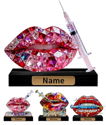 VWCSDSCS Personalized Stained Glass Style Cosmetic Injection Figurine Colorful Lip Syringe Decoration Custom Name Plate Desktop Ornament Gifts for Cosmetic Doctors Aestheticians Beauty Enthusiasts