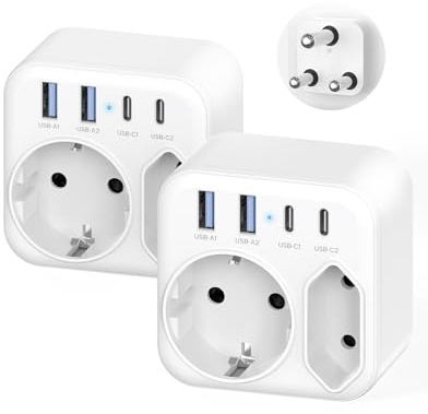 6-in-1 Reiseadapter Südafrika mit 2X USB-C & 2 Steckdosen, 2 Stück | Reisestecker Schuko Auf Typ M für Südafrika, Namibia, Lesotho, Mosambik, Swasiland – Hinweis: kein Spannungswandler