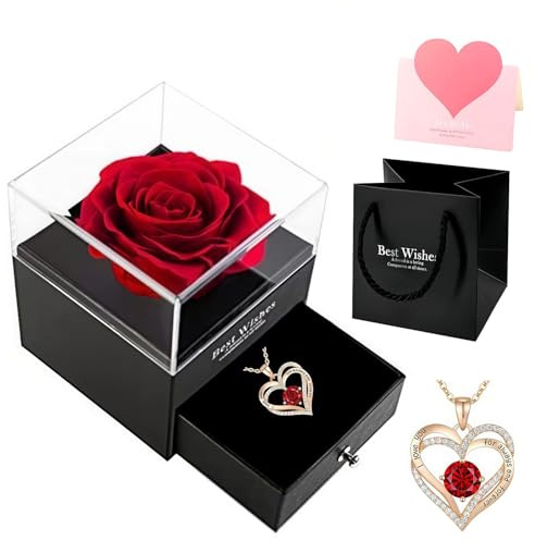 GAZIL Preserved Real Rose Gift Box with I Love You Necklace, Eternal Handmade Flower & Luxury Gift Bag for Women, Ideal Anniversary Birthday Valentine's Day Gifts for Girlfriend Wife Mum