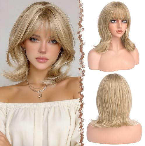 FESHFEN Bob Perücke mit Pony - Wellig Kurze Blond Perücken für Frauen Synthetische Natürlich Haarperücke Geschichtete Wellen Wigs für Tägliche Party, Dreckblond
