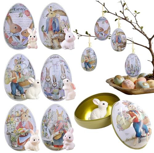 YDUNARISE 6er Ostereier zum Befüllen,Wiederverwendbare Metall Osterei mit 6 Mini Osterhasen Figuren,Befüllbare Kleine Metalldose,Deko Ostern (Bunt-A)