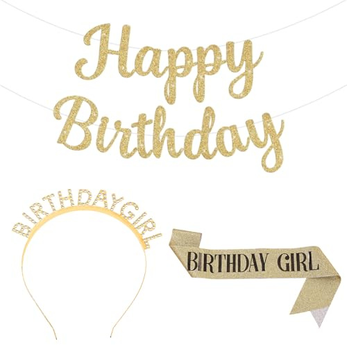 NASMBXA Geburtstag Kronen Mädchen Geburtstag Schärpe, Geburtstags Schärpe Birthday Krone Haarreif, Happy Birthday Mädchen Schärpen Set für Frauen Geburtstags Dekoration (Golden)