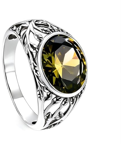 Edelstein 925 Sterling Silber Handgefertigter Retro-Ring mit Ast- und Blattgravur: Natürlicher Olivenstein Solitärring im Oval-Schliff, Schmuck für Herren und Damen