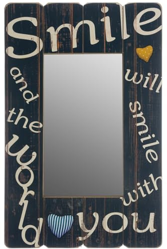 My Flair Wandspiegel Holz Smile – Dekospiegel 60x40 cm | Holzrahmen im Vintage-Shabby-Chic-Stil mit Schriftzug und Herzdekor – für Flur, Wohnzimmer & Schlafzimmer