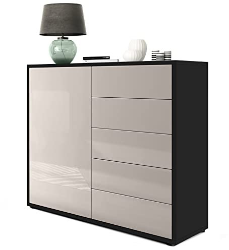 Vladon Sideboard Ben V2, Made in Germany, Kommode mit 1 Tür und 5 Schubladen, Schwarz matt/Sandgrau Hochglanz (79 x 74 x 36 cm)