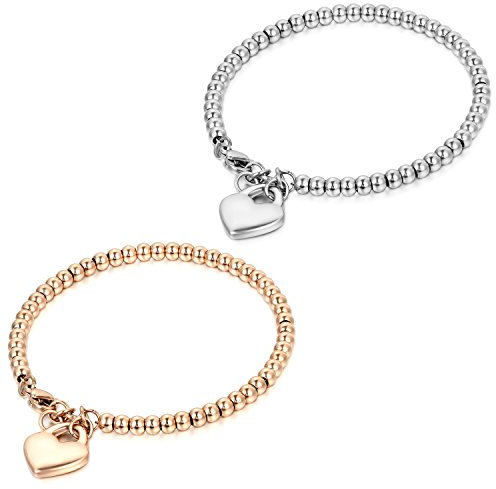 JewelryWe Personalisiert Herz Armband Damen: 2pcs Edelstahl Charme Kugel Perlen Armband Handgelenk Perlenkette Armreif mit solid Herz Anhänger Herzkette Verstellbar Armkette Schmuck Gravur Geschenk