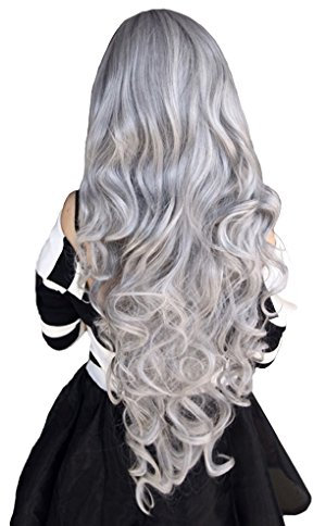 Fouriding 32 80cm Grau Lange Wellte lockige Haare Perücken Long Curly Wig Langhaar Gewellt Perücke für damen frauen Karneval Cosplay Party Fasching Kostüm Haarteile