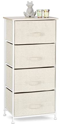 Relaxdays Regalsystem, 4 Stoff-Schubladen, universale Schubladenbox, Metall und Holz, HxBxT: 95 x 45 x 30 cm, beige, Design B