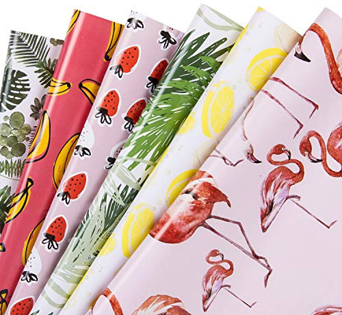 RUSPEPA Feuille De Papier D'Emballage Cadeau - Flamingo/Plantes/Banane/Fraise/Citron/Feuille Design D'Été Pour Anniversaire,Vacances - 1 Rouleau Contient 6 Feuilles - 44.5 X 76 cm Par Feuille