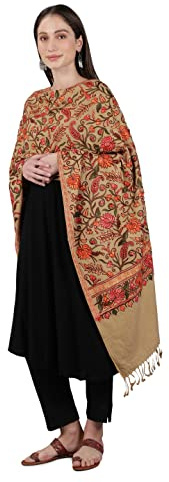 Zamour 6379 Kaschmir-Damenschal, Stola, Schal mit indischer Stickerei, Blume, Braun, Large