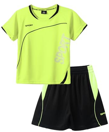 Zaldita Kinder Jungen Sport Kleidung Set Kurzarm Sportshirt mit Kurz Hose Loose Fit Fußball Basketball Fitness Freizeit Da Leuchtend Grün A 134-140
