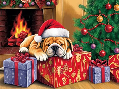 Ginfonr DIY Diamond Painting Zubehör Weihnachten Baum Hut Dog Set Full, 5D Diamant Painting Christmas tree Hund Snow Bilder Kit Crystal Rhinestone Embroidery Decoration Für Home Wall Décor 30x40 cm