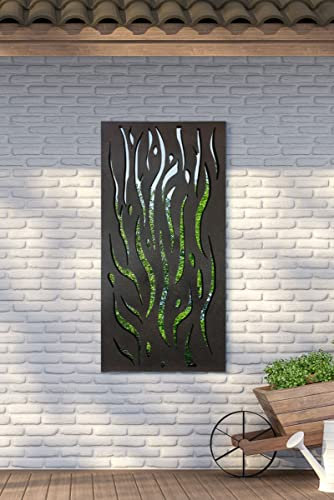MirrorOutlet Metal Garden Screen Mirror Extra Large Flame Effect 120cm x 60cm, Black, 120 x 60 cm