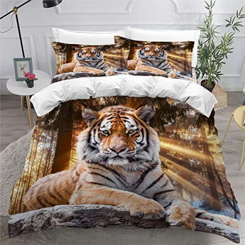 ZLKEJI Bettwäsche Set Tiger Bettwäsche 155x220cm Dschungeltiere Bettbezug Set 3D Bedruckte Betten Set für Kinder Jungen Mädchen Tier Thema Raumdekor 3St, Reißverschluss