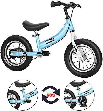 Qiani Draisienne vélos Enfants 2 en 1,pour 2-7 Ans Enfants,avec Frein stabilisatrices Roues pédales,12 14 16 Pouces,Rouge Bleu Rose (Bleu, 14 Pouces)