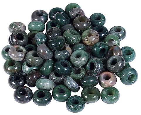mookaitedecor 20pcs 14mm Round Large Hole Stone Beads for Jewellery Making | Healing Crystal Stone Beads for Crafting, 6mm Hole Loose Beads for European Bracelet Macrame DIY Projects, Green Indian Agate