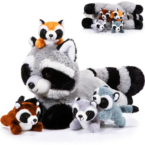 Harrycle 5 Stück Waschbär Kuscheltier Set Süßer Plüsch Mama Waschbär mit 4 Babys im Bauch Kuschelige Weiche Waschbär für Jungen Mädchen Geburtstag Wald Party Abschluss Geschenk (Lieblicher Stil)