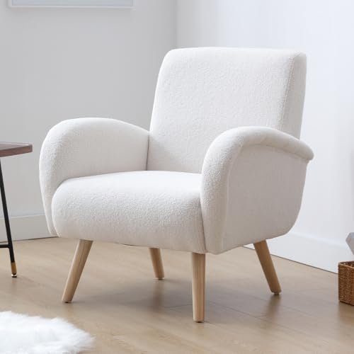 chairus Kunstfell Loungesessel Ohrensessel für Wohnzimmer Polstersessel Einzelsofa für Schlafzimmer Akzentstuhl Relaxsessel mit Holzbeinen (Weiß)