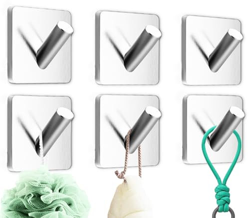 QMAHA Ganci Adesivi da Parete, 6 Pezzi Gancio per Asciugamani Senza Foratura, Antiruggine Appendiabiti Acciaio Inox Ganci Appendi Autoadesivi, Ganci bagno Senza Forare per Bagno Cucina - Argento