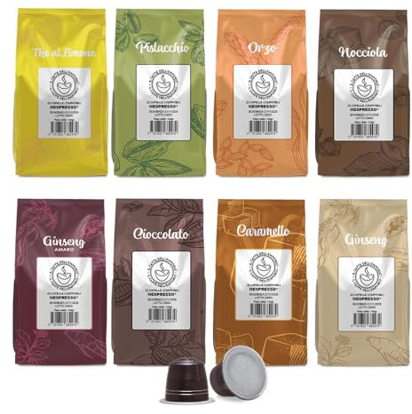 Il Caffè Dell'Emporio Kit Bevande Compatibili con Nespresso Ginseng,Ginseng Amaro,The al Limone,Cioccolata,Nocciola,Pistacchio,Orzo e Caramello 160 Capsule (8 bst da 20 cps)