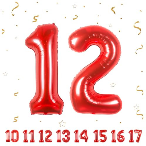Geburtstag zahlen luftballon 12 jahre | Rot Folienballon 12 XXL -Riesen Folienballon in 40 - 101cm Geburtstagsdeko - Ballon Zahl Deko zum Geburtstag .Fliegt mit Helium