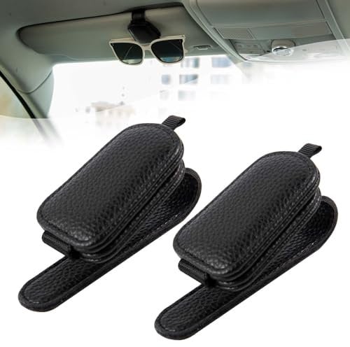 Anfly Sunglasses Holder for Car Sun Visor 2 Pack, Leather Eyeglass Holder, Magnetic Glasses Hanger Ticket Card Clip, Car Interior Accessories Black