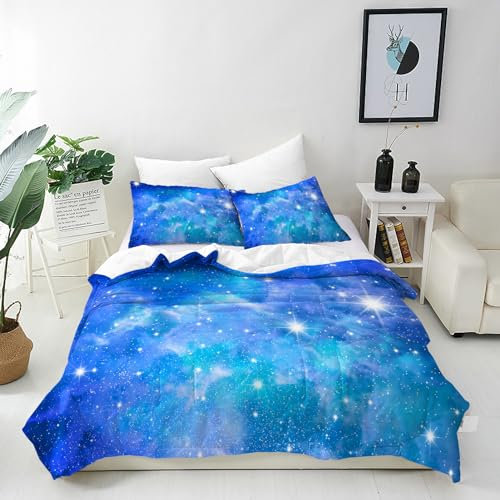 ANHOPE Weltraum Blau Galaxie Nebel Bettwäsche Set Weich Microfaser Bettbezüge mit Reißverschluss 2 Teilig Bettbezug 135x200 cm & Kissenbezug 80x80 cm Bettdeckenbezug Set für Kinder Jungen Mädchen