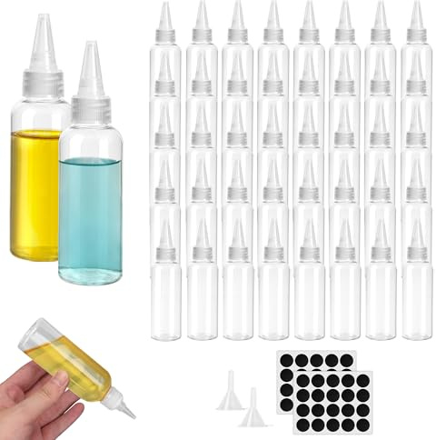 YKUKIZEE 44 PCS Small Squeezy Sauce Bottles with Nozzles 60 ML, Small Squeezy Condiment Bottles Mini, Plastic Clear Seasoning Bottle with Funnels Labels for Oil Ketchup Painting Liquid Dispensing