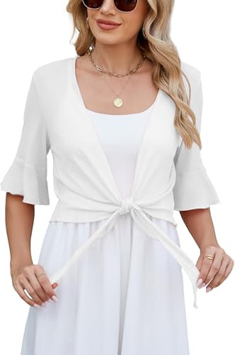 Famulily Ladies Lightweight Shrug Flare Half Sleeve Cropped Cardigan Summer Sheer Cover Up for Dresses White XL