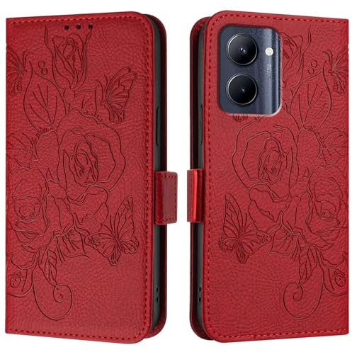 Étui de protection Compatible avec OPPO Realme C33 2022/Realme C33 2023, étui portefeuille fin en cuir PU à rabat, étui de protection antichoc avec porte-cartes + dragonne Couvercle rabattable(Rosso)