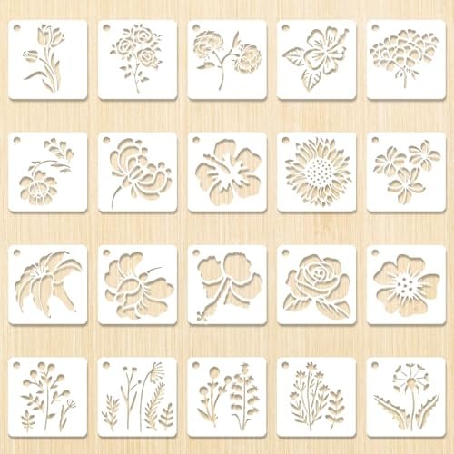 LXUEJIE 20 Stück Schablonen Blumen, Blumenschablonen zum Basteln Wiederverwendbare Kunststoff Malschablonen Wand Malen Schablonen für Wände Leinwand Heimdekoration DIY-Basteln Holz