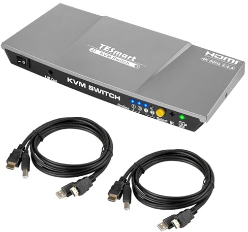 TESmart HDMI KVM Switch 4K@60Hz, 2 in 1 out, 2 PCs KVM Switch, HDMI 4:4:4 Ultra HD, USB 2.0, IR Remote/Hotkeys/Push Button Switch, with Input Cables, Grey