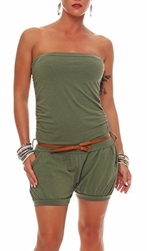 malito - Damen Jumpsuit - Einteiler mit Gürtel & Taschen - Bandeau Sommer Overall - kurzer trägerloser Playsuit - unifarbener Romper 8964 (Oliv)