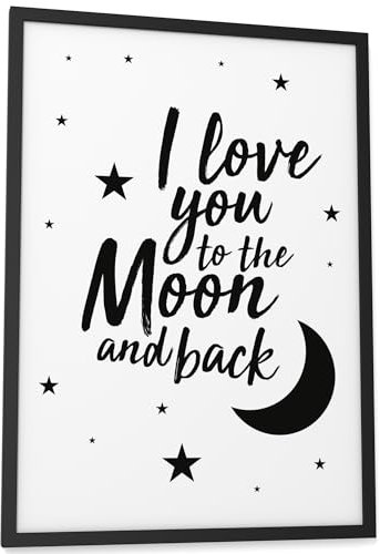 Papierschmiede® Bilder Home Kunstdruck A3 (30x42 cm) mit Rahmen, Spruch Poster gerahmt Zuhause Schrift Bild Wanddeko in schwarz weiß, Sprüche für Wohnzimmer Büro Küche, I Love You To The Moon