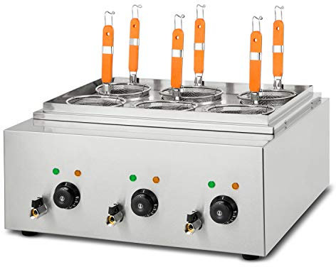Vertes Cuiseur à pâtes Professionnel en acier inox, électrique, 3x 1700 watts, 3 cuves de cuisson séparées de 6 litres chacune, 6 paniers à pâtes, 3x robinet de vidange, 3x réglage de la température