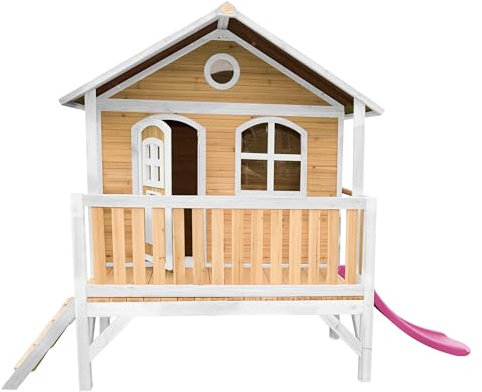 AXI Spielhaus Stef mit lila Rutsche | Stelzenhaus in Braun & Weiß aus FSC Holz für Kinder | Spielturm für den Garten.