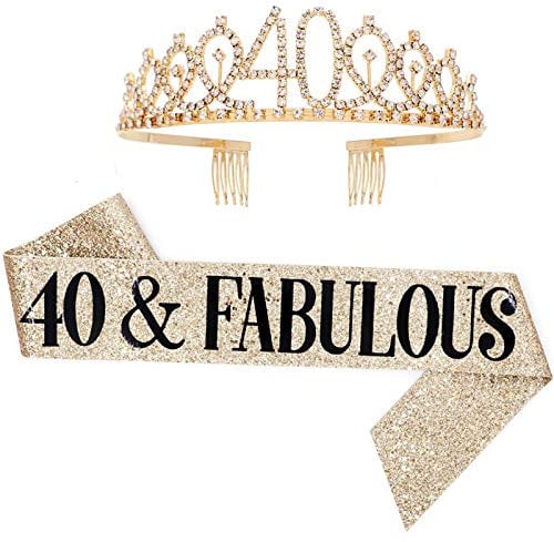 Leixi 40 and Fabulous Sash & Rhinestone Tiara Set - 40th Birthday Gifts Birthday Sash for Women Birthday Party Supplies (Gold)