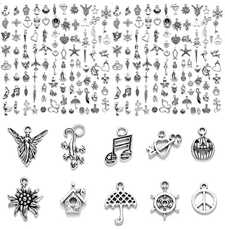 VEGCOO 200 Stücke Charms Anhänger zum Schmuck, Armbänd Ketten Ohrringe Selber Machen, Gemischte Vintage Aesthetic Accessoires Halskette Making Zubehör Silber