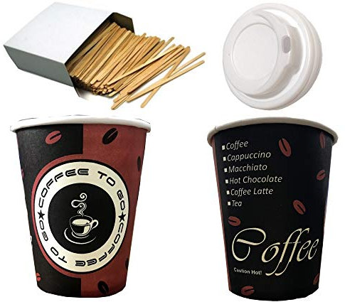 Trendsky Biologisch Abbaubar, MADE in DE, 200x Kaffeebecher Coffee to go 200 ml mit Deckel + Holz Rührstäbchen, Hartpapier Pappbecher
