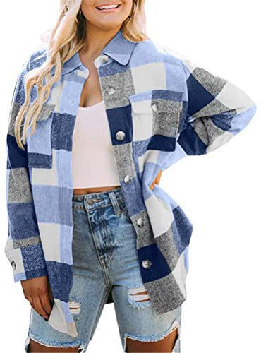 Tomwell Femme Veste à Carreaux Élégant Chemise Oversize Surchemise en Laine Manteau Chaud à Carreaux Chic Chemisier Boutonné à Carreaux Décontracté Femme Blouse A Bleu S