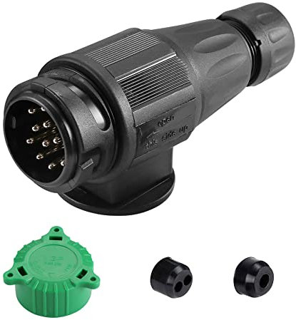 SPARKMOTO 13 Poliger Anhänger Stecker, mit Wasserfester Dichtung,12V Wasserdicht Anhängerstecker 13 polige mit Grün Parking Cover,13 polige Anhänger Stecker Für WohnwagenPKW AHK Adapter Stecker(lang)