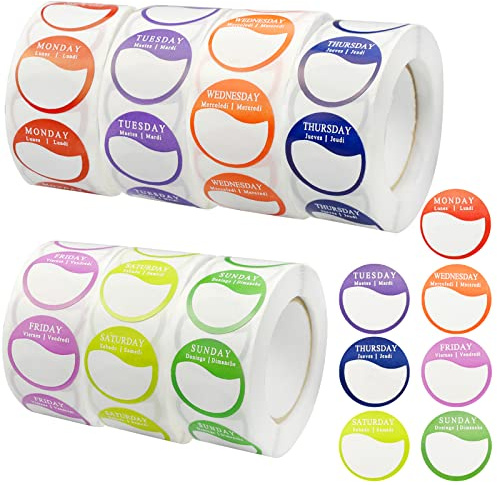 quiodok 7 Rolles Runder Punkte Lebensmitteletikettens, Wochentag Aufkleber | Days of The Week Stickers (Alle 7 Tage inklusive 500 Etiketten pro Rolle)