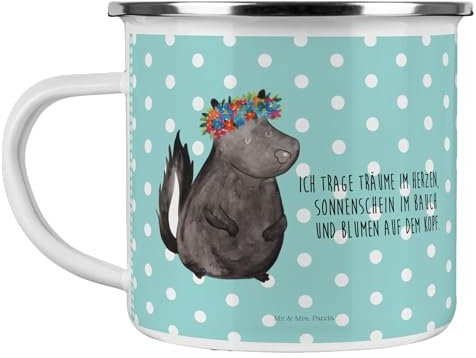 Mr. & Mrs. Panda Camping Emaille Tasse Stinktier Mädchen - Geschenk, Edelstahl Trinkbecher, Yoga, Emaille Tasse Camping, Stinki, Campingbecher,