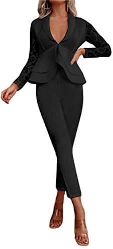 ORANDESIGNE Tailleur Donna Pantaloni e Giacca Elegante Set 2 Pezzi Pizzo Blazer a Maniche Lunghe + Pantaloni a Suit Moda Business OL Formale per Ufficio 01-Nero 3XL